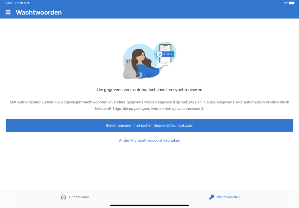 Screenshot iPad Authenticator wachtwoorden synchroniseren