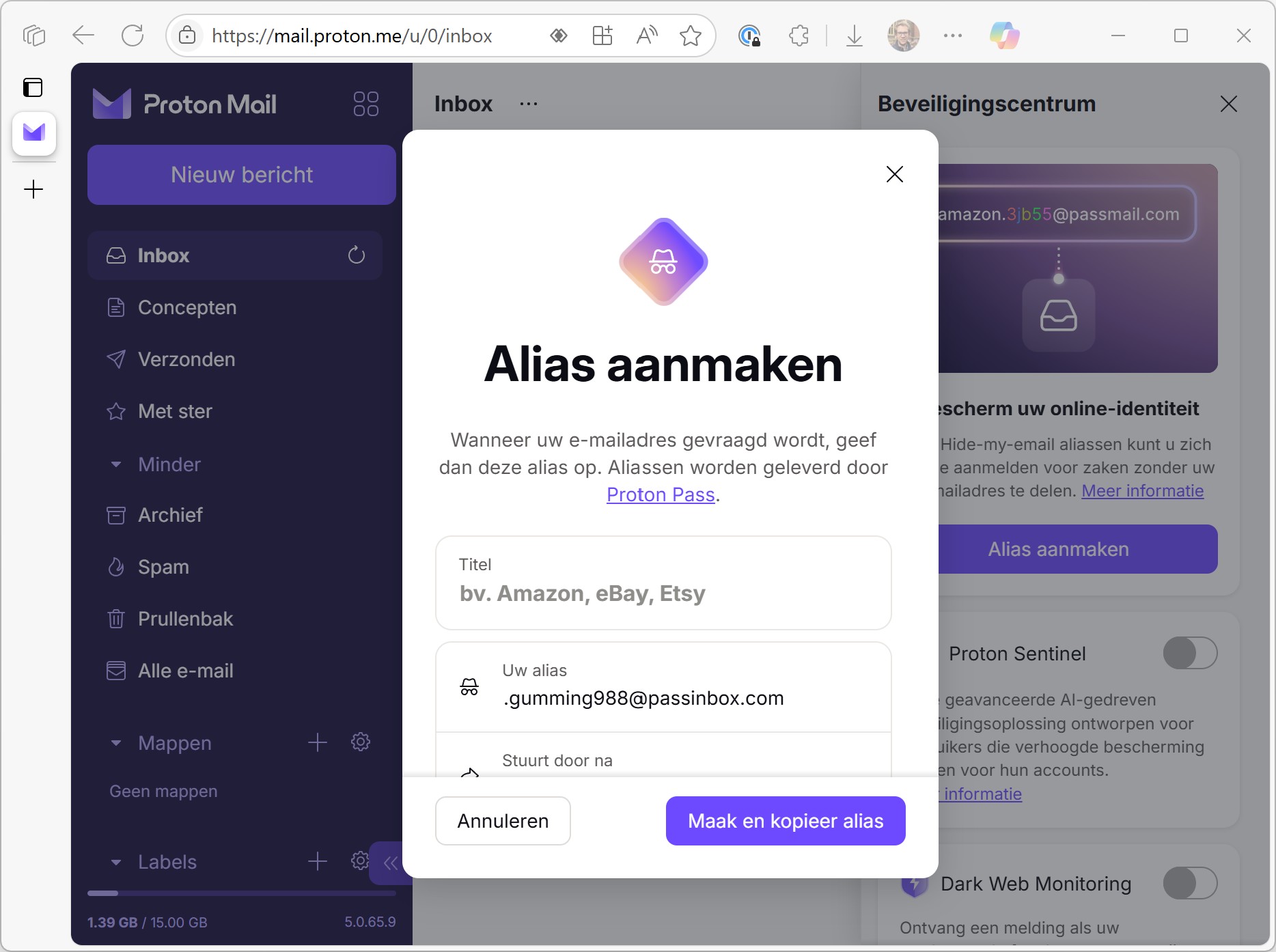 Screenshot van de alias maken