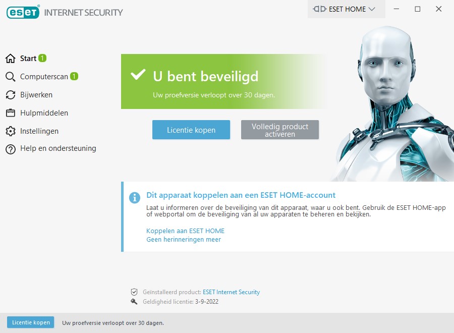 Screenshot van hoofdscherm van ESET Internet Security.