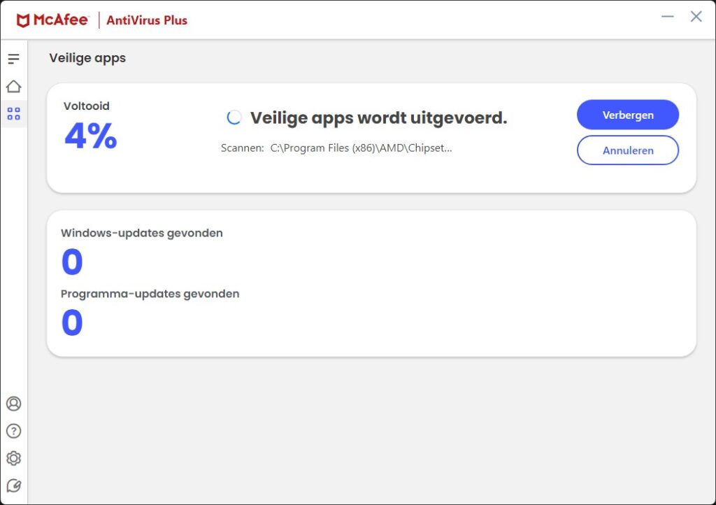 Screenshot van uitvoeren scan 'Veilige apps' in McAfee.