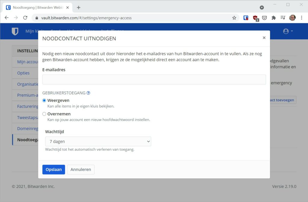 Bitwarden - Noodcontact uitnodigen screenshot