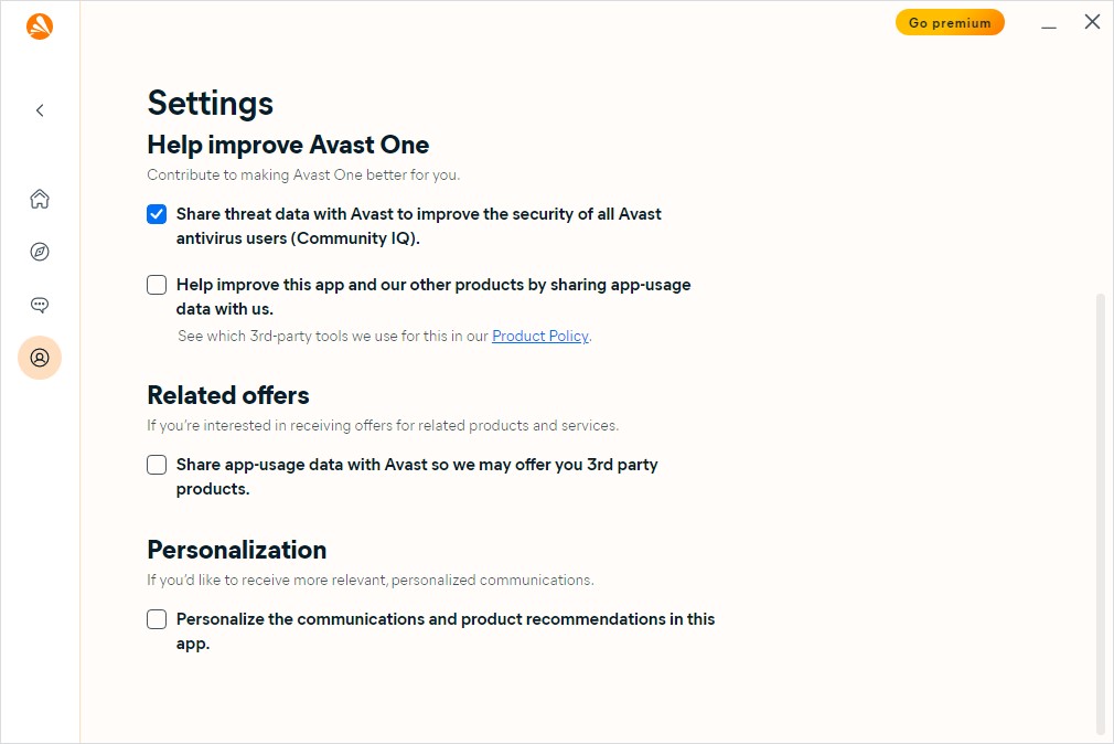 Screenshot Privacy-opties van Avast One