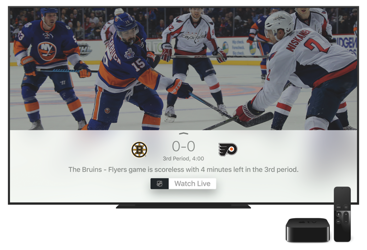 Foto van een tv met daarop ijshockey met Apple TV en afstandsbediening ervoor