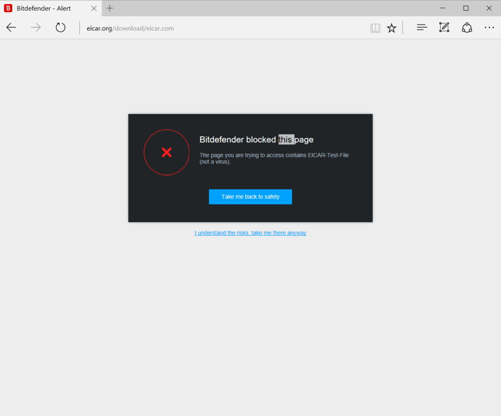 Screenshot van BitDefender-waarschuwing in Edge