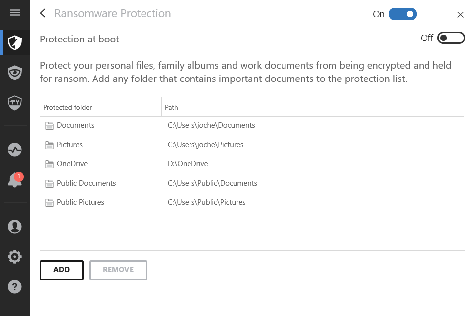 Screenshot van ransomware-bescherming in BitDefender 2017