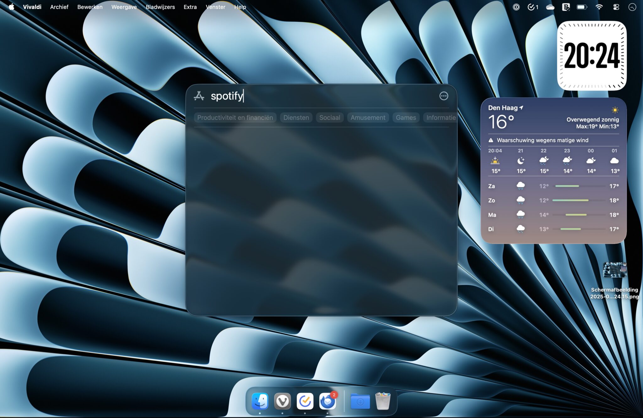 Screenshot van macOS 26 met Spotlight zonder zoekresultaten