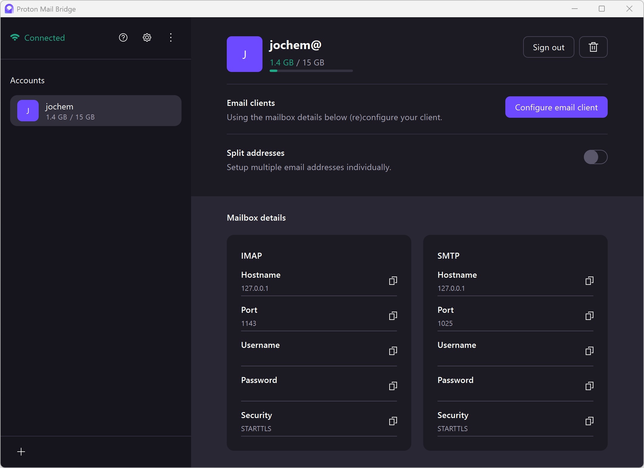 Screenshot van de Proton Mail Bridge