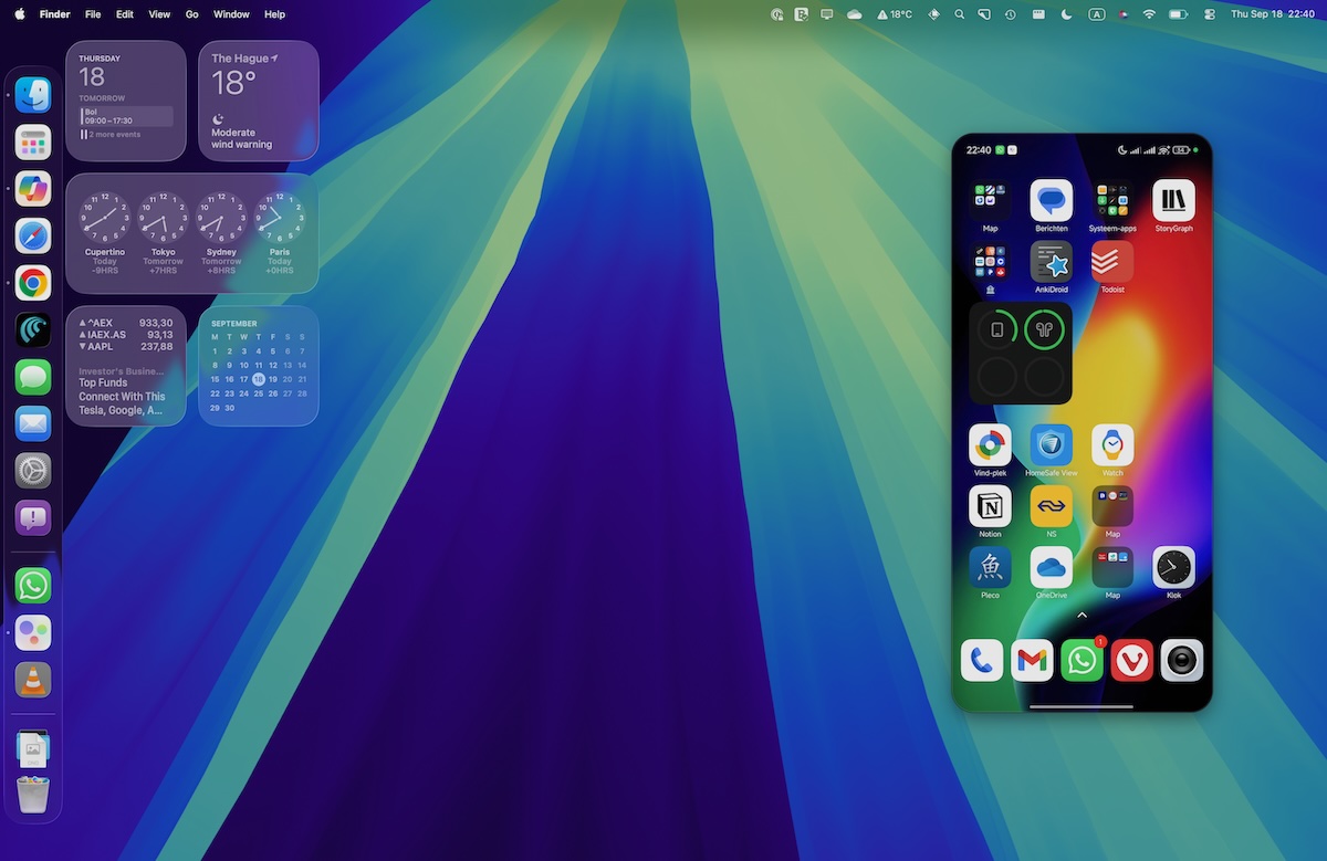 Screenshot van macOS met daarop screen mirroring van Xiaomi 15 Ultra.
