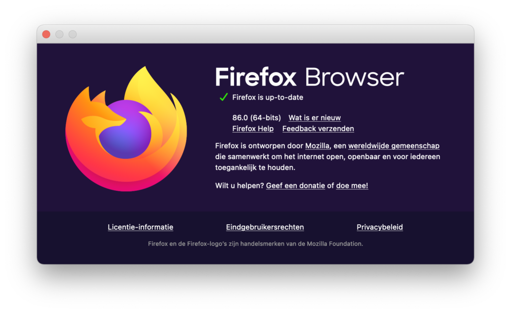 Mozilla Firefox 86 versievenster