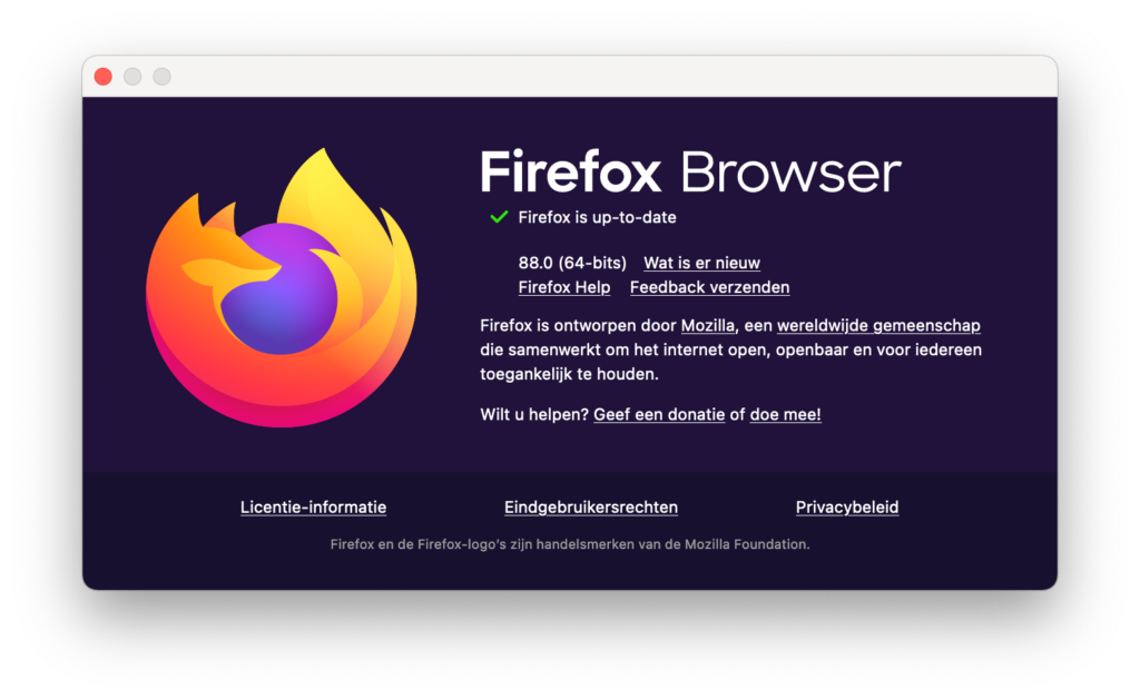 Screenshot venster Over Firefox