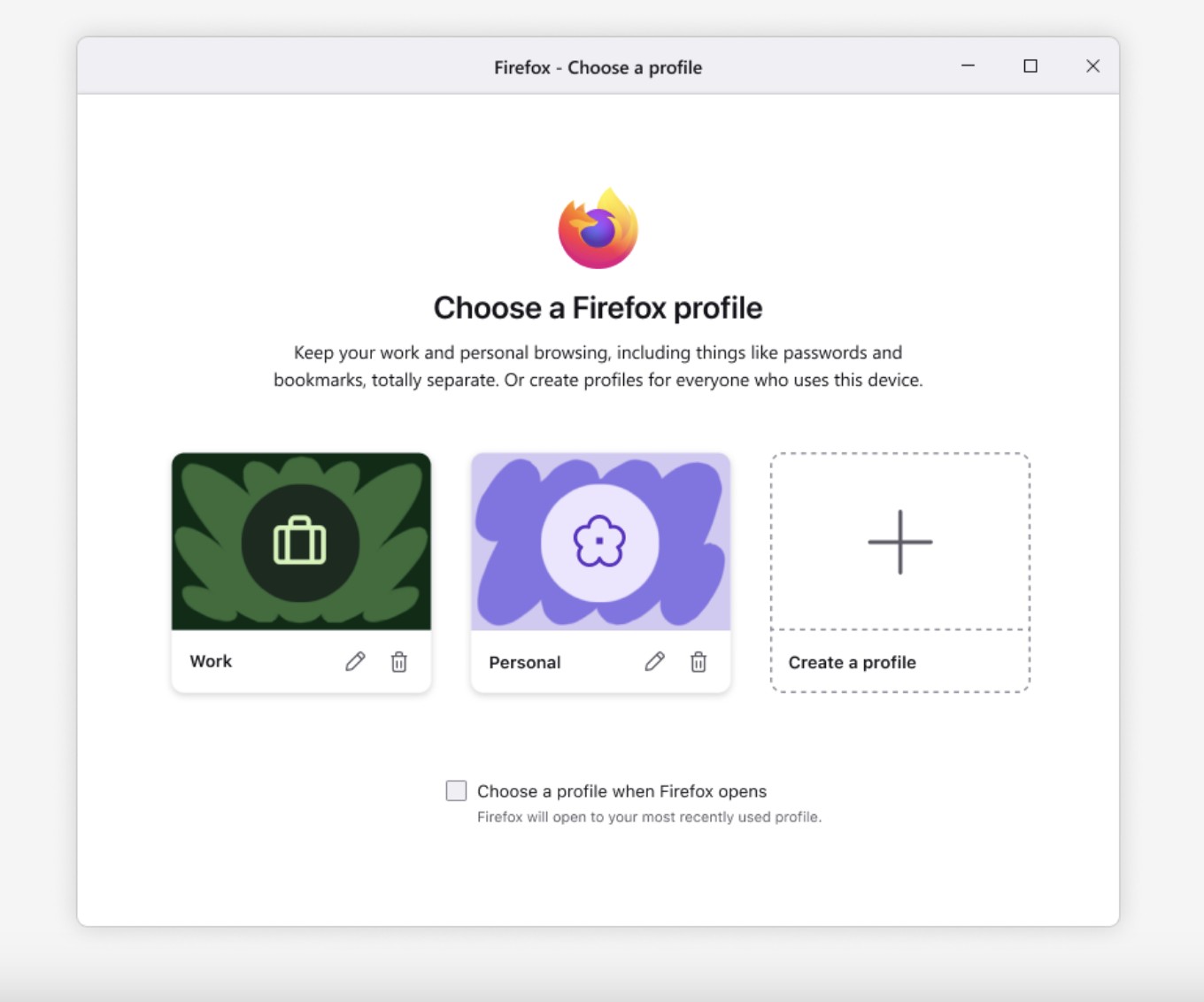 Screenshot van de vernieuwde profielmanager in Firefox 138