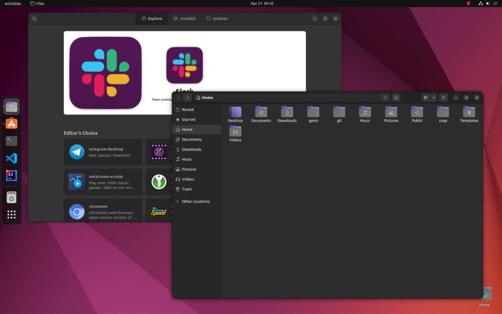 Screenshot van Ubuntu met apps in donker thema.