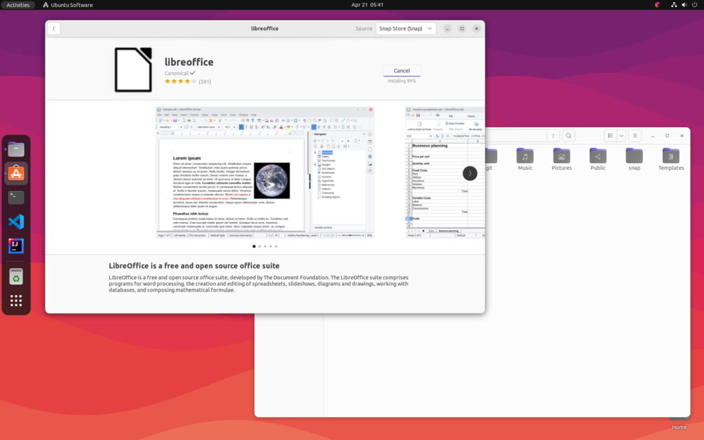 Screenshot van Ubuntu met appwinkel en Nautilus.