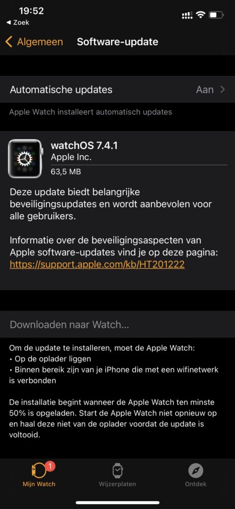 Screenshot watchOS-update versie 7.4.1