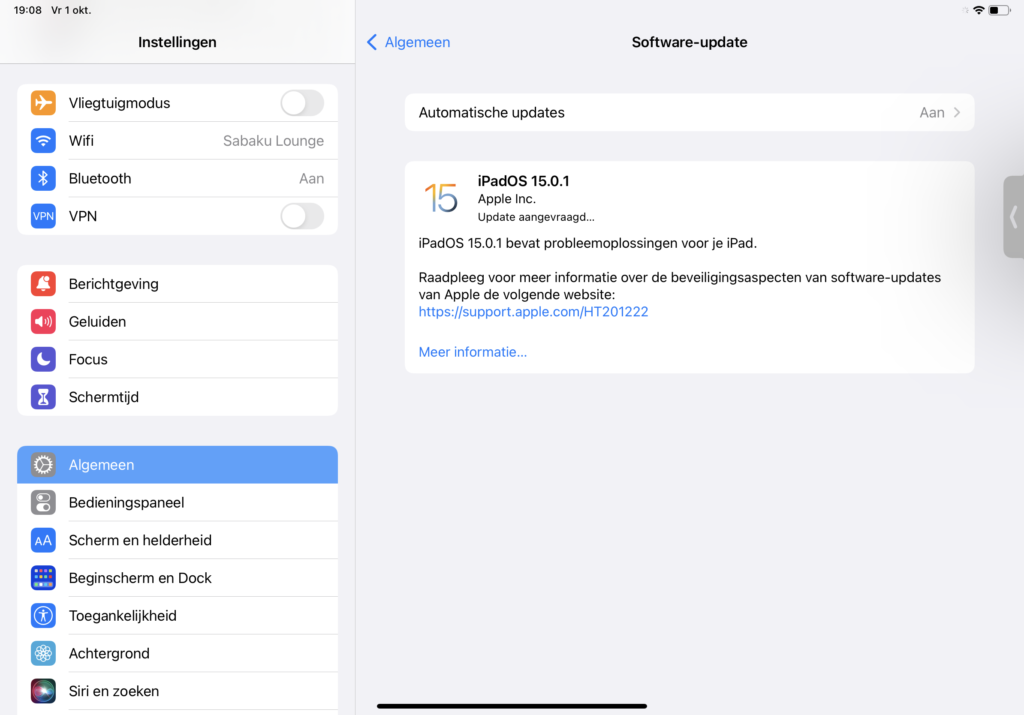 Screenshot van iPadOS 15.0.1-update