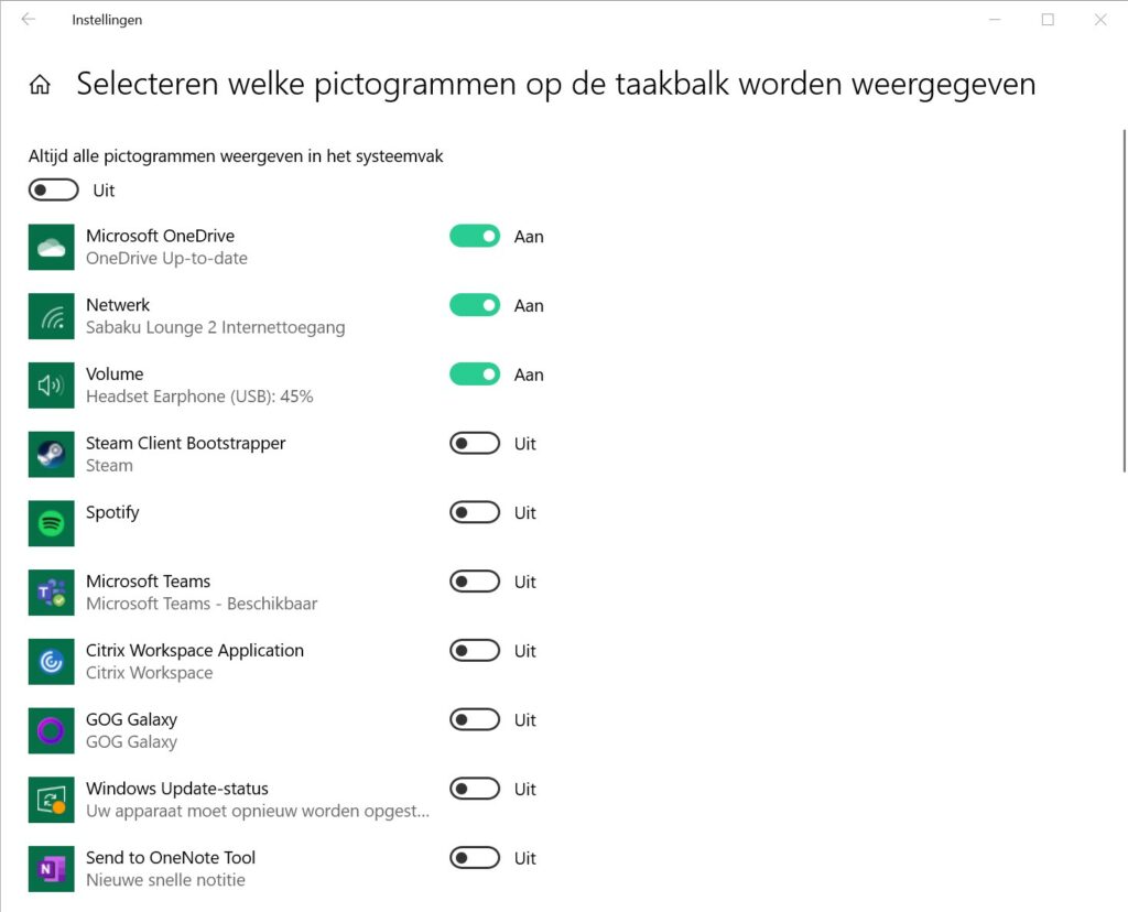 Instellingen-app Systeemvakpictogrammen beheren