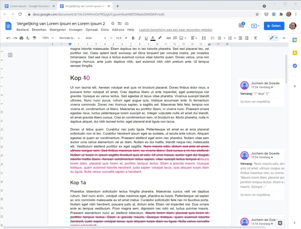 Screenshot document vergelijken in Google Docs