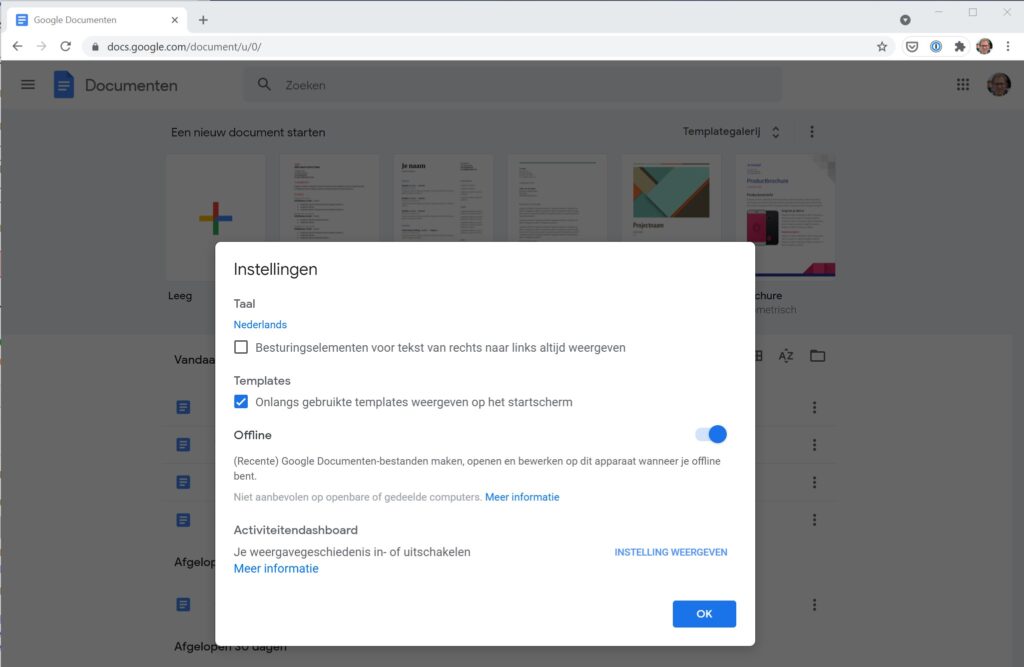 Screenshot Google Docs offline beschikbaar maken