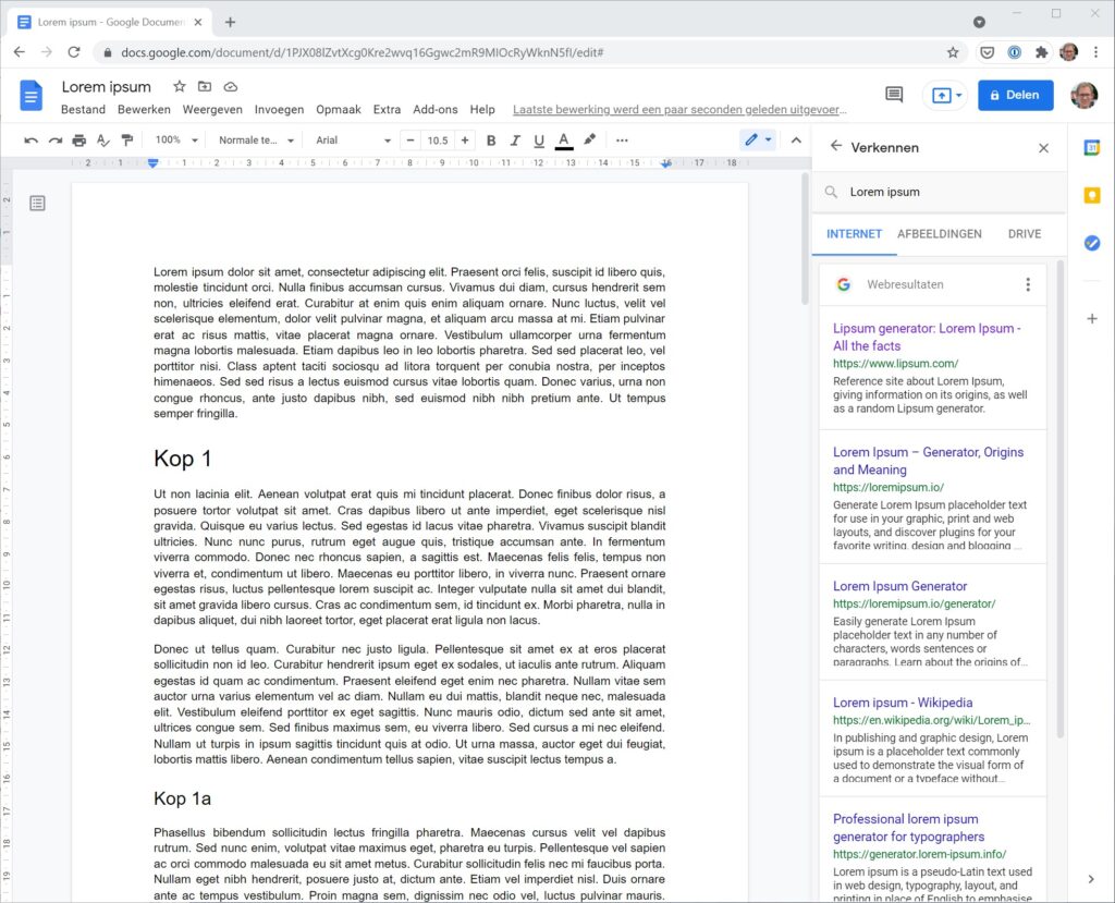 Screenshot met de Research Tool in Google Docs