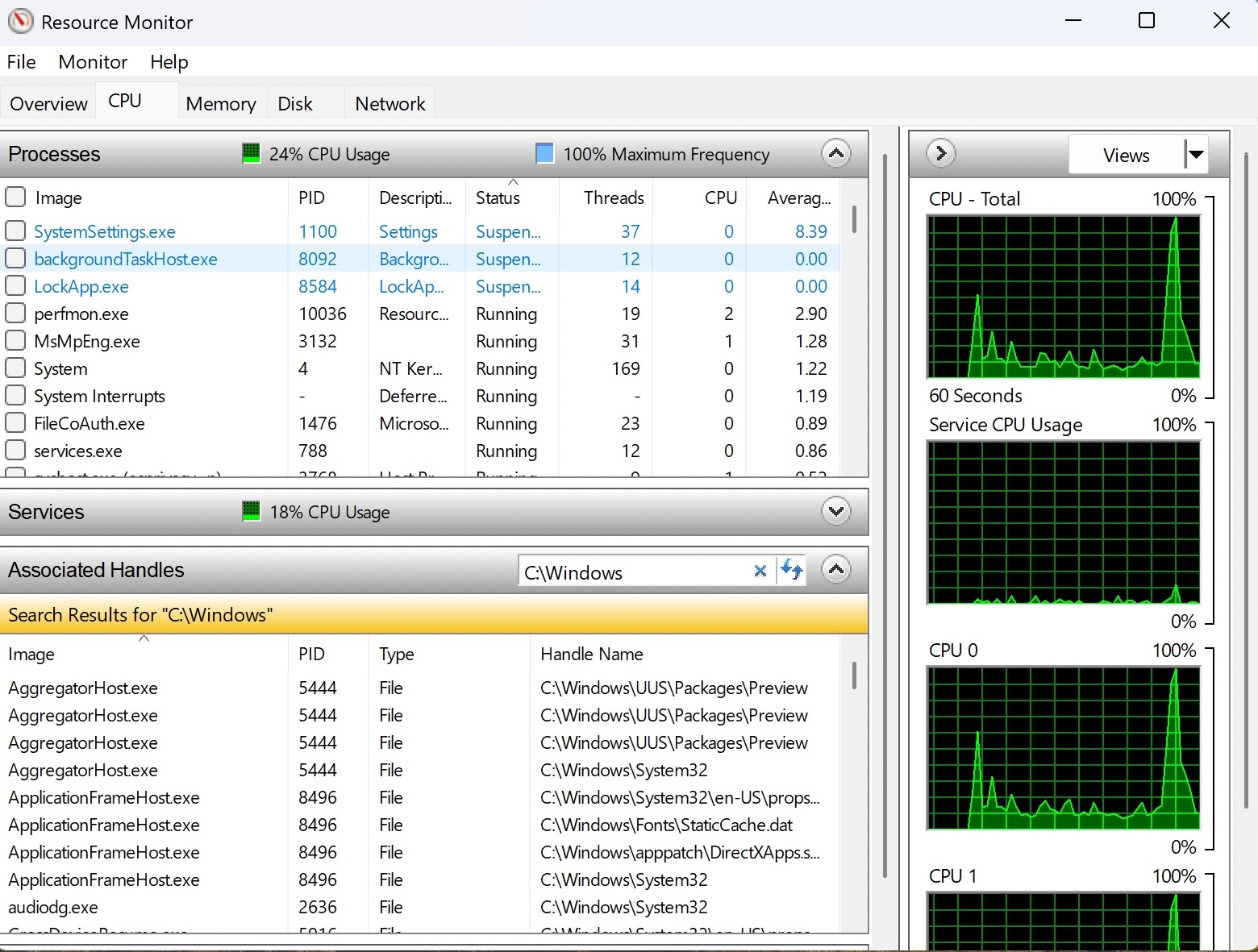 Screenshot van de Resource Monitor in Windows 11