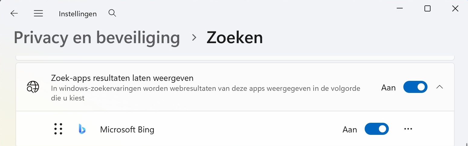 Screenshot om webresultaten van het Startmenu uit te zetten