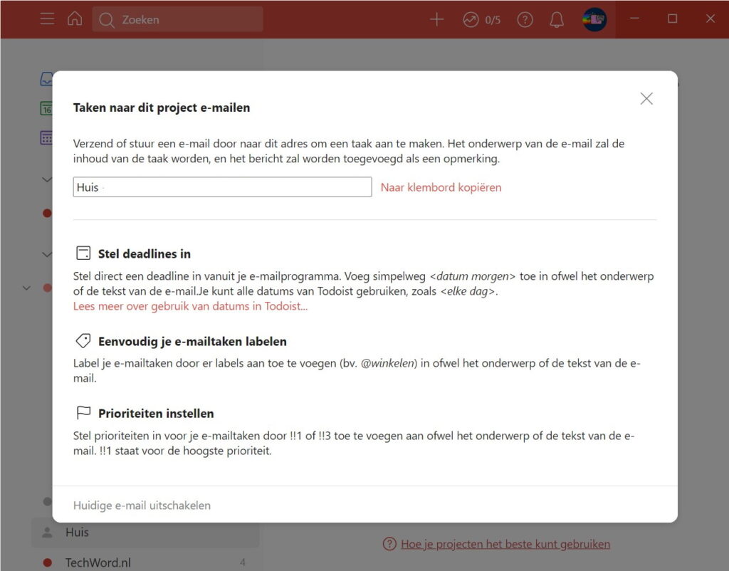 Screenshot taken naar project mailen Todoist.