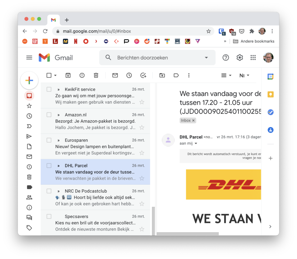 Screenshot Gmail met horizontaal gesplitst venster