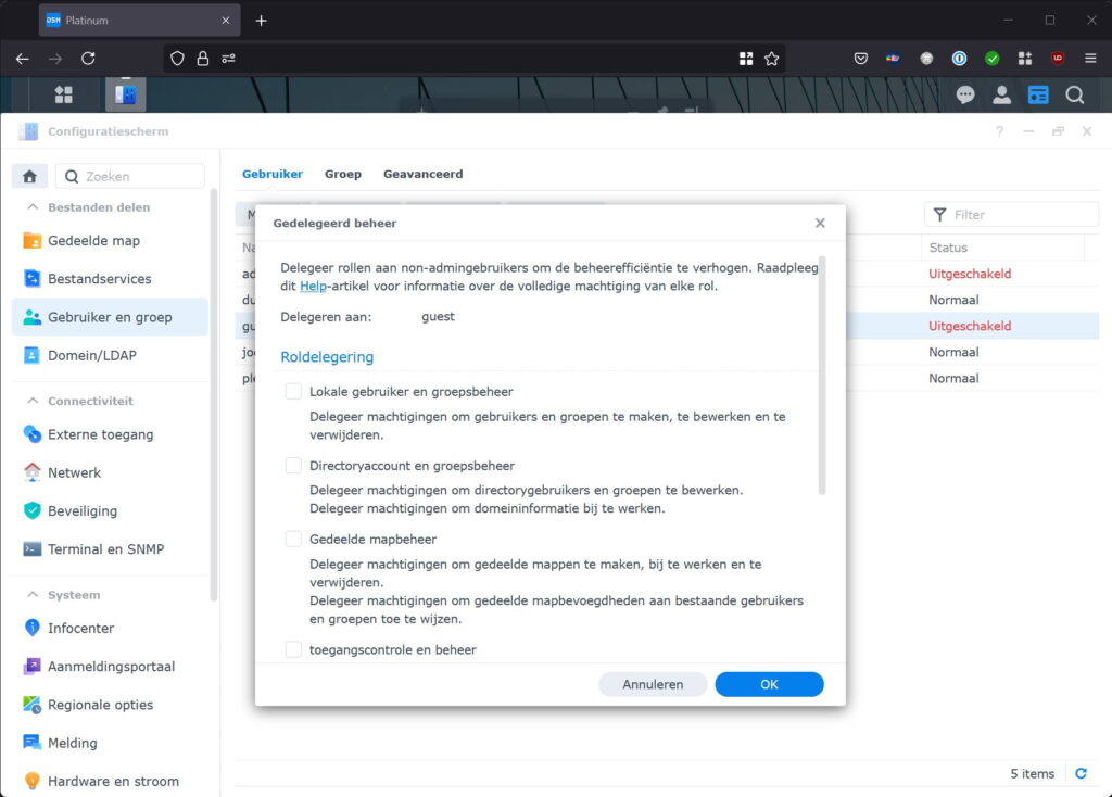 Screenshot rol delegeren in DSM