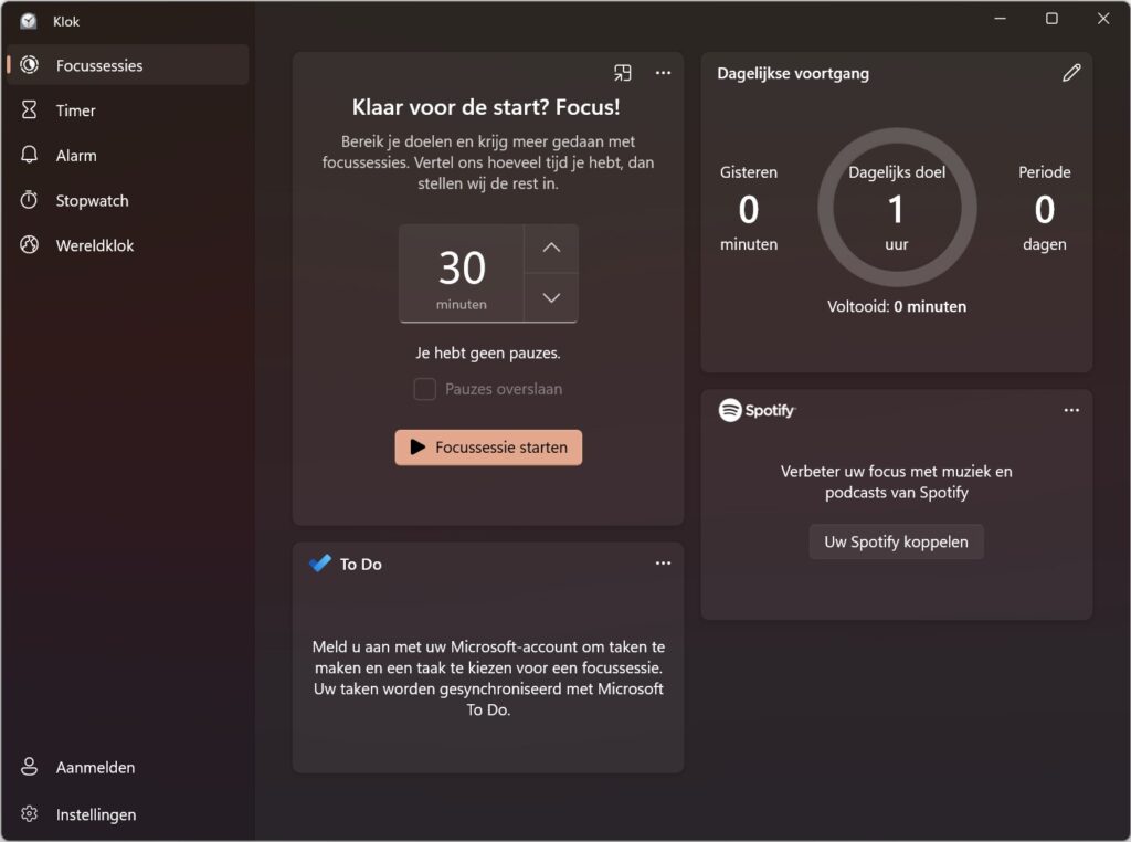 Screenshot van Klok-app in Windows 11