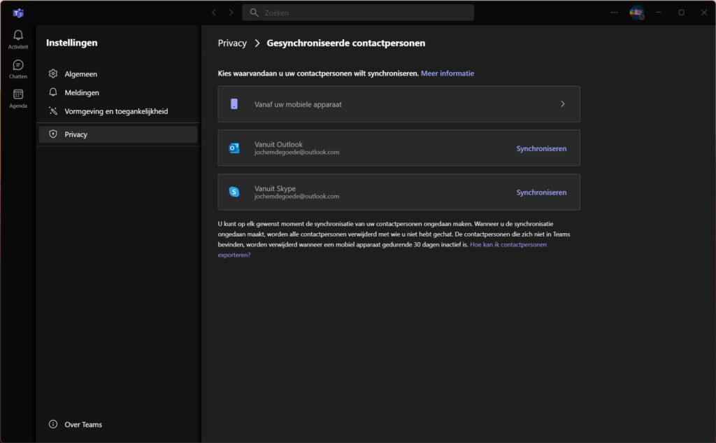 Screenshot instellingen van Teams voor synchroniseren contactpersonen