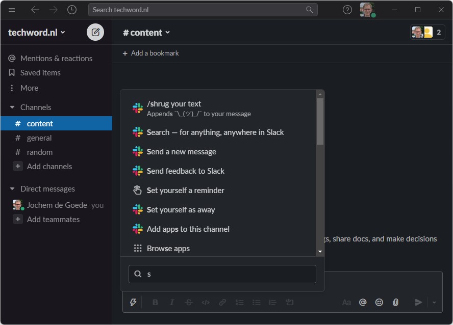 Screenshot Slack: commando uitvoeren met schuine streep