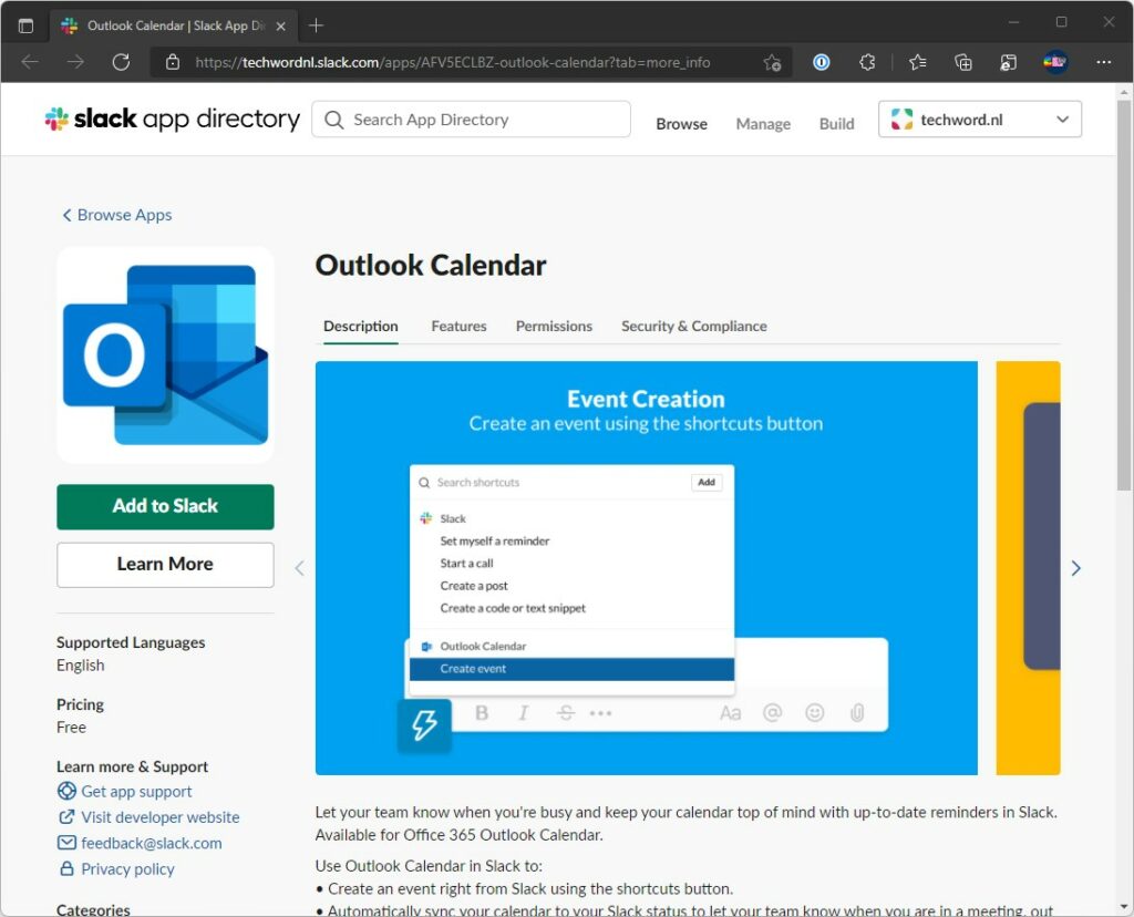 Screenshot van de app Outlook Calendar in de Slack app directory in Edge