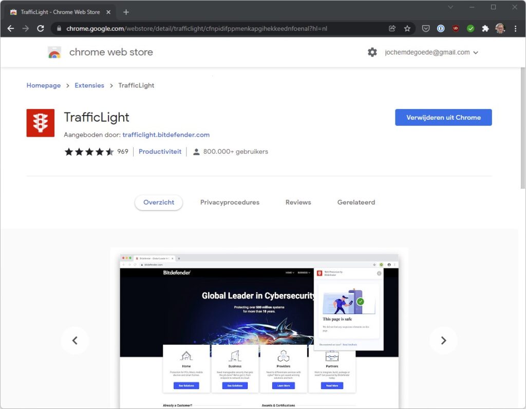 Screenshot BitDefender TrafficLight in Chrome Webstore