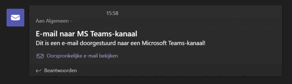 Een e-mail verstuurd naar een Microsoft Teams-kanaal