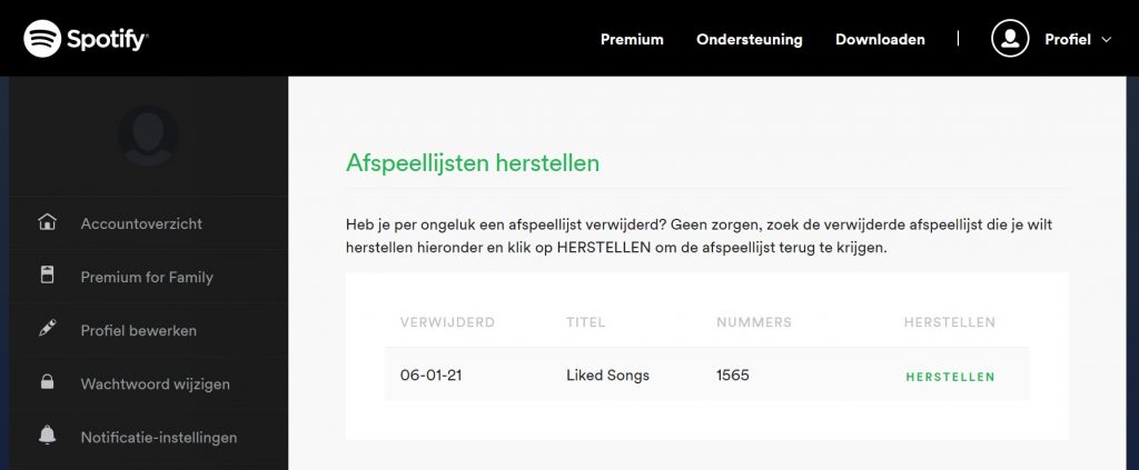 Afspeellijst herstellen web-interface Spotify.com