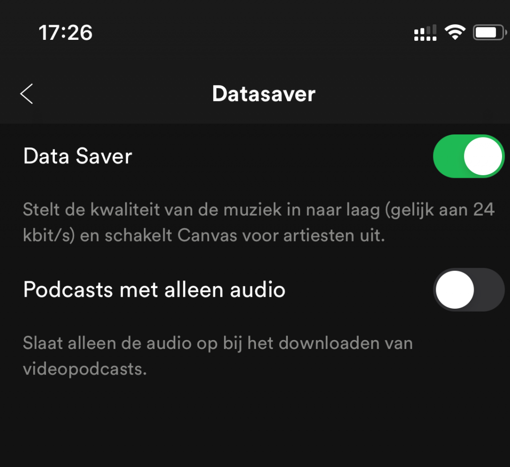 Data Saver-optie in Spotify iOS-app