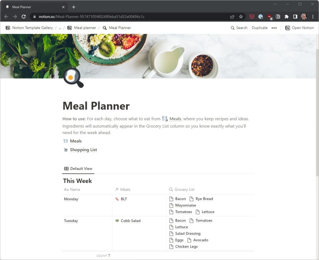 Screenshot van Meal Planner-template in Notion