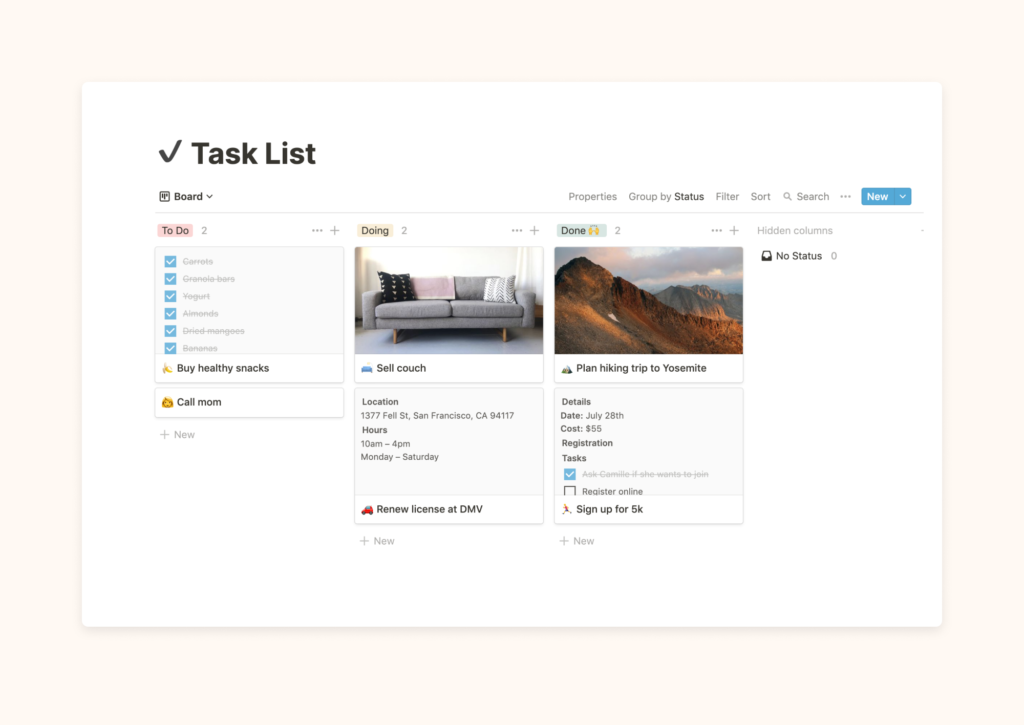 Screenshot van de Task List-template