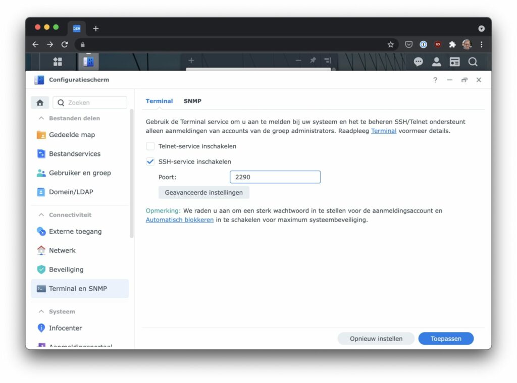 Screenshot Configuratiescherm DSM / Terminal en SNMP-pagina.