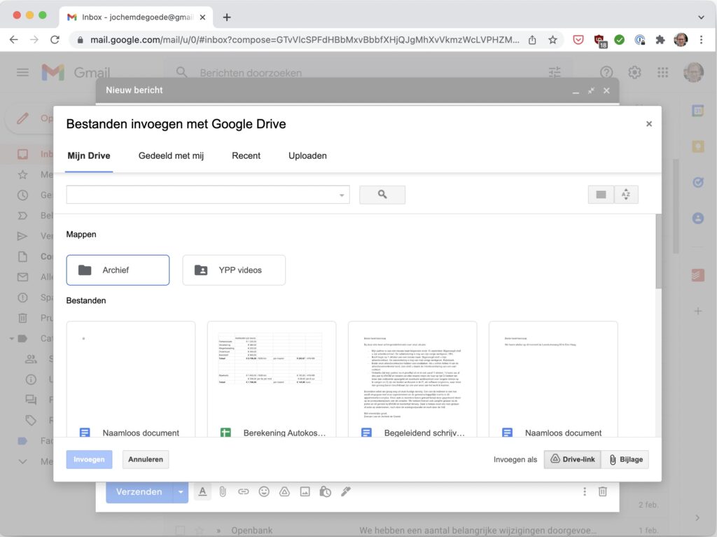 Screenshot van Gmail: nieuwe e-mail opstellen en Drive-link invoegen