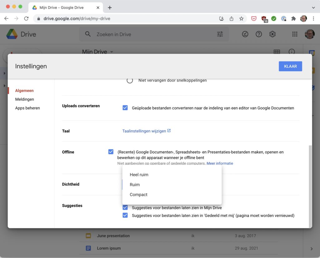 Screenshot instellingen van Google Drive op het web