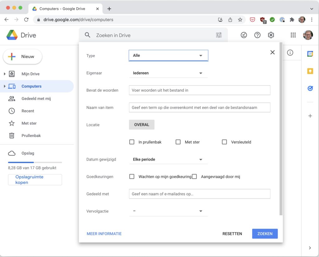 Screenshot van zoeken in Google Drive op het web