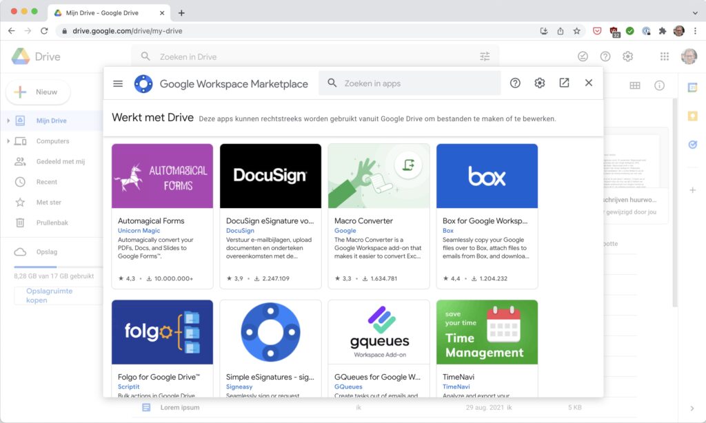 Screenshot Google Drive op het web met de add-ons marketplace open.