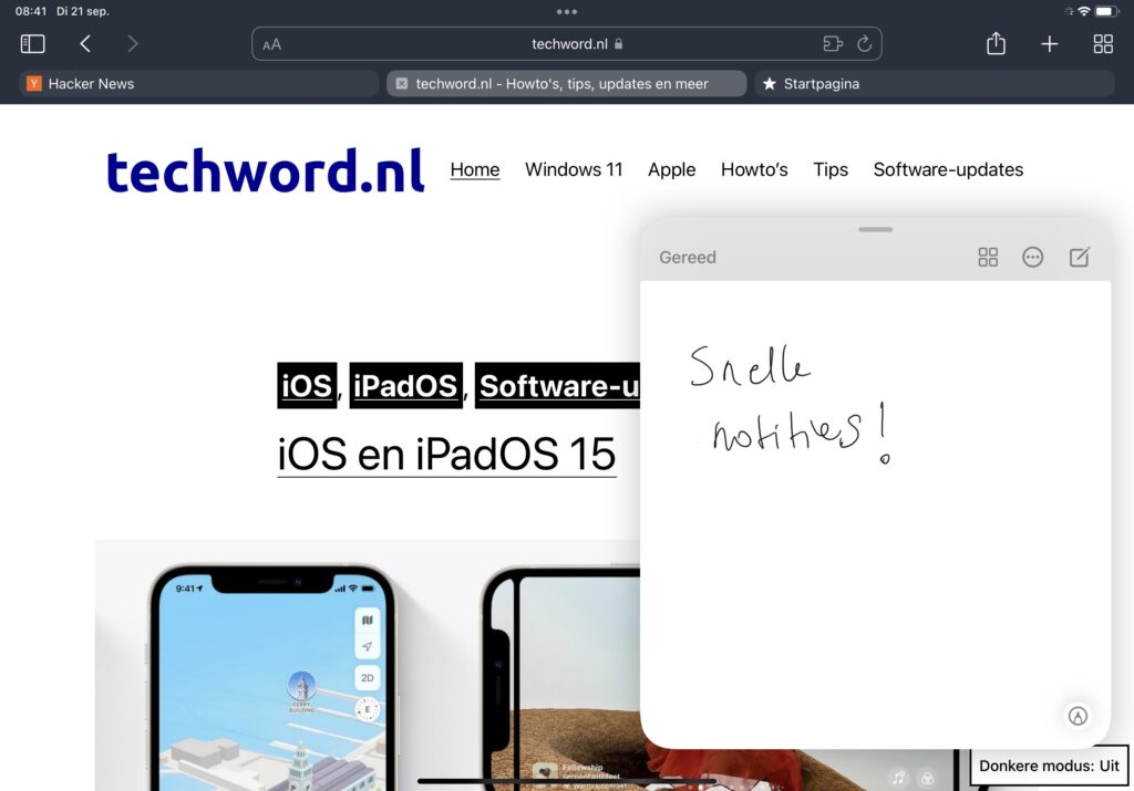 Screenshot van Safari met Snelle notitie op iPad