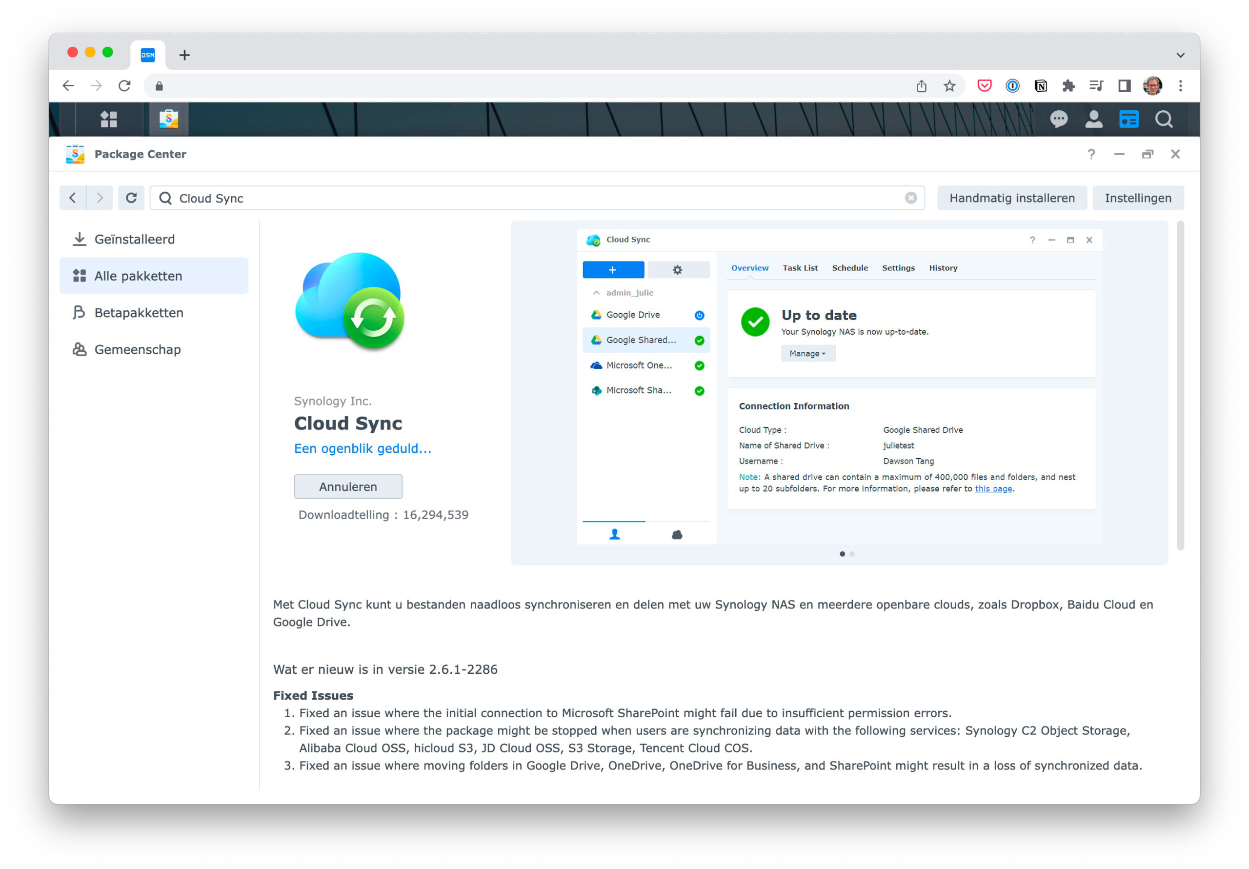 Screenshot van Package Center in DSM met CloudSync
