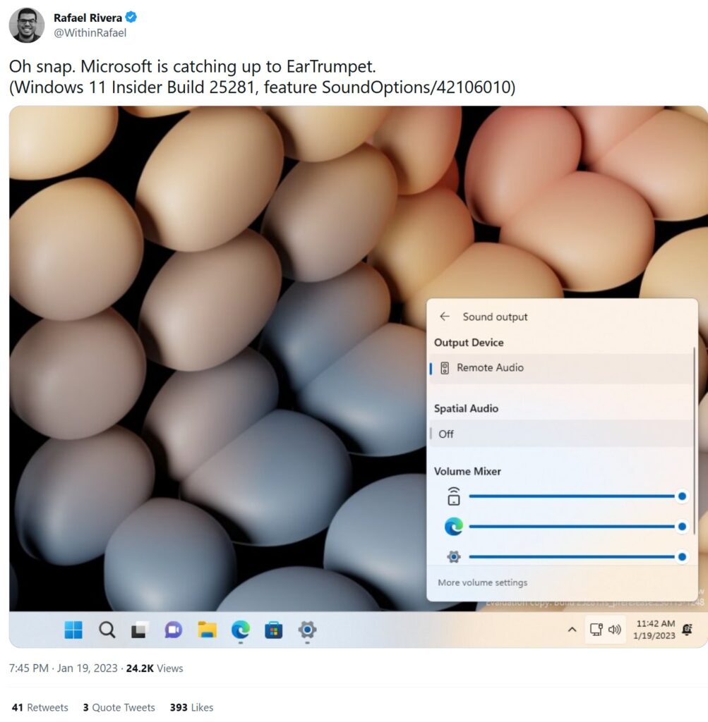Screenshot of Windows 11 volume mixer tweet