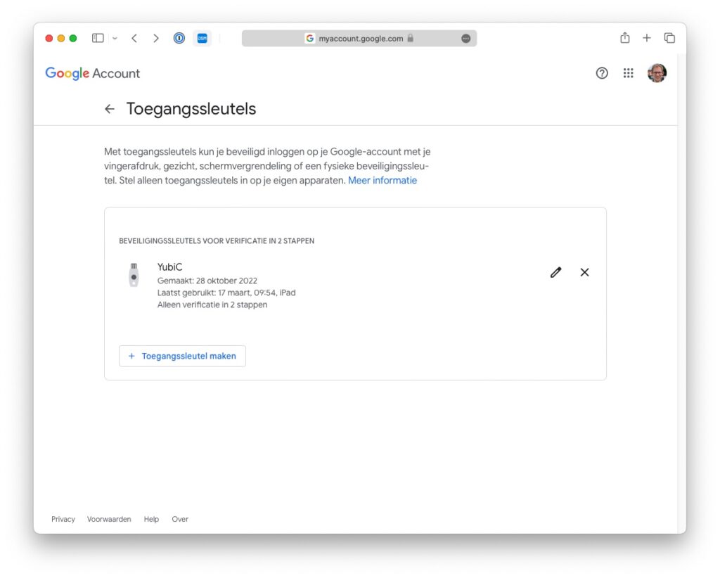 Screenshot lijst van toegangssleutels in Google-account