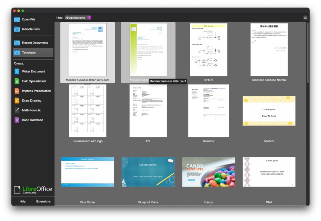 Screenshot van LibreOffice hoofdapp