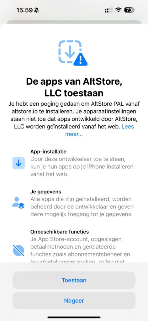 [Screenshot toestemming geven installatie van apps van AltStore