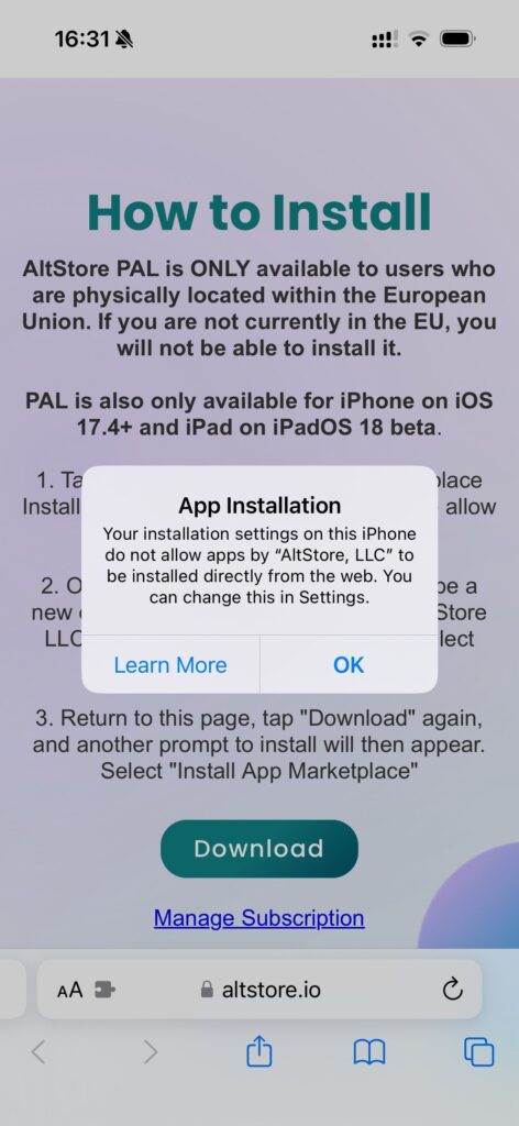 Screenshot download page Alt Store